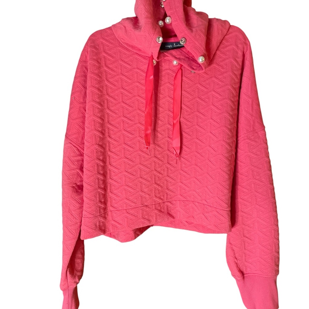 Simply Southern Coral Pink rhinestone & pearl  quilted hooded top